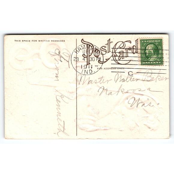 Santa Claus Christmas Postcard Driving His Automobile Car & Toys Embossed 1911 - Picture 2 of 2